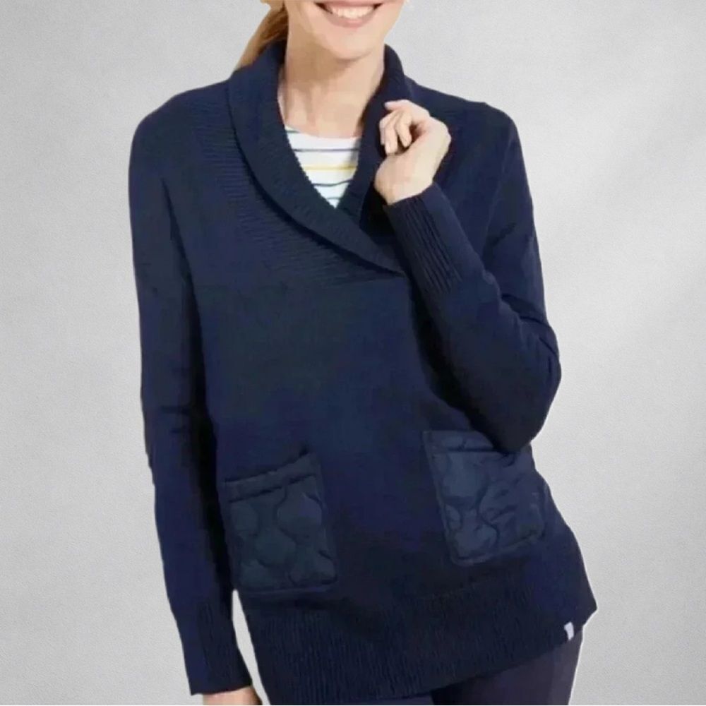 Talbots Women's Blue Shawl Collar Cardigan Sweater L Quilted Pockets